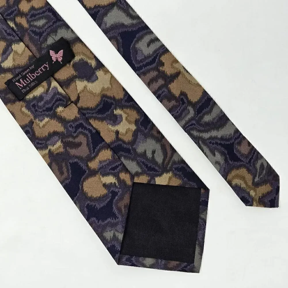 MULBERRY THAI HAND SEWN SILK TIE PURPLE GREEN TAN FLORAL ABSTRACT 3.75